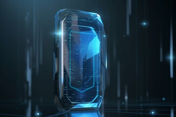 A holographic representation of a secure mobile device, encapsulated by a digital shield, indicating mobile security solutions.