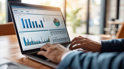 Businessman Analyzing Data Graph Chart Dashboard on Laptop Screen in Office, Financial Software for Social Media Marketing or Market Research
