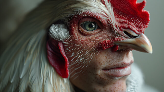 A photorealistic crossover between a man and a chicken in studio quality