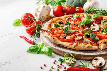 Healthy vegetables and mushrooms vegetarian pizza isolated on white background