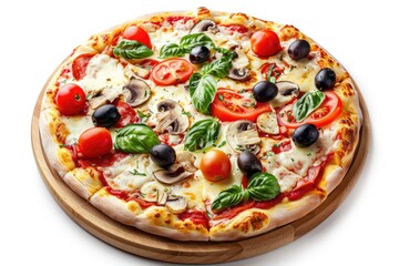 Top view of Italian pizza with mozzarella  tomato  olives  mushrooms.