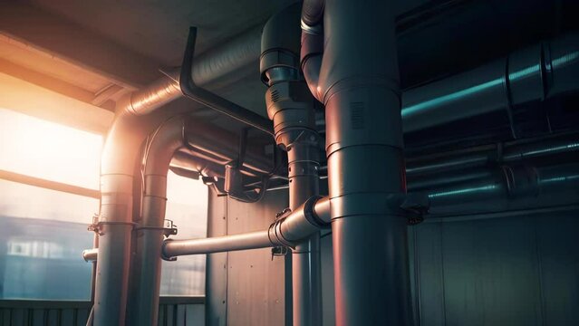 Pipe infrastructure in technical room of building with sunset light from window. Plumbing and ventilation communications for building maintenance.
