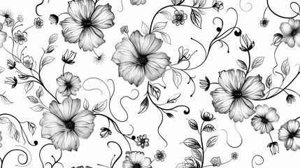 Black-outlined floral pattern on white backdrop.