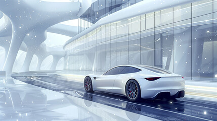 White Car Driving on Road with Futuristic Glass Wall Background in 3D Rendering Style, High Angle View, White Color Scheme, Modern and Technological Feel