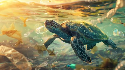 Fototapeta premium The Turtle and Ocean Pollution