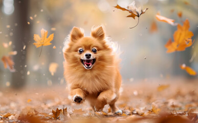 Happy Pomeranian dog running through falling autumn leaves, close-up action shot