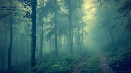 Naklejka premium The foggy interior of a forest creates an enchanting and mysterious atmosphere.