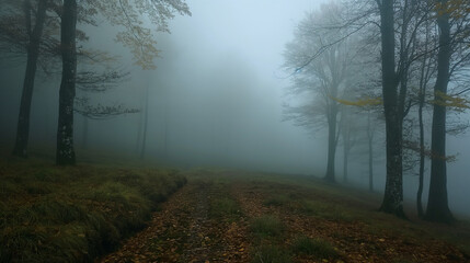 Obraz premium The foggy interior of a forest creates an enchanting and mysterious atmosphere.