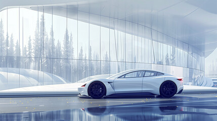 White Car Driving on Road with Futuristic Glass Wall Background in 3D Rendering Style, High Angle View, White Color Scheme, Modern and Technological Feel