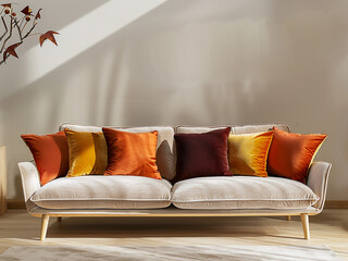 Soft pillows embellish a comfortable sofa in a room, the surroundings softly out of focus