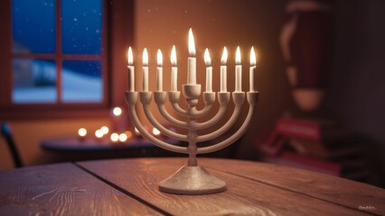 A menorah with candles lit on a table in front of it, AI