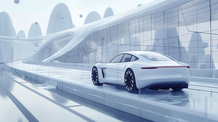 White Car Driving on Road with Futuristic Glass Wall Background in 3D Rendering Style, High Angle View, White Color Scheme, Modern and Technological Feel
