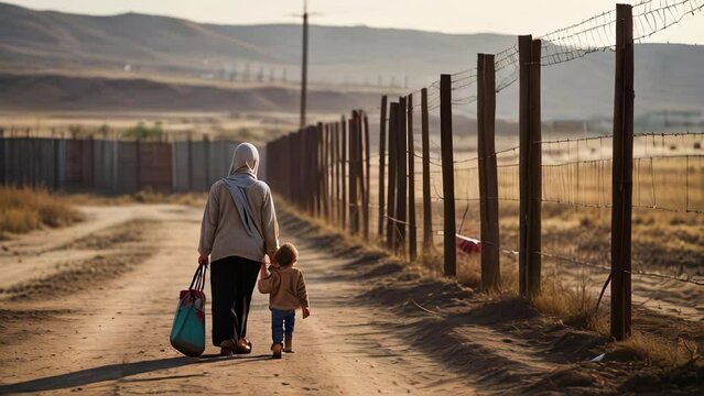 Eastern refugees, mother and son, walk along high fence on border of countries, back view. Mesh fence with barbed wire protecting unhindered movement of people.