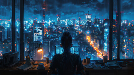 A lofi girl sitting at her desk working with a beautiful view out of the window, headphones, coding, manga style, comic style, anime style, 4K, 16:9