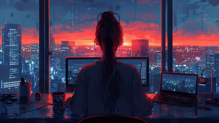 A lofi girl sitting at her desk working with a beautiful view out of the window, headphones, coding, manga style, comic style, anime style, 4K, 16:9
