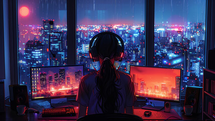 A lofi girl sitting at her desk working with a beautiful view out of the window, headphones, coding, manga style, comic style, anime style, 4K, 16:9