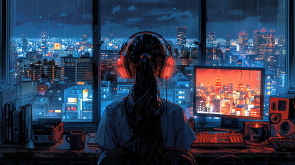 A lofi girl sitting at her desk working with a beautiful view out of the window, headphones, coding, manga style, comic style, anime style, 4K, 16:9