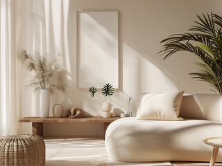 Cozy living room interior beige sofa, plants, coffee table, mock-up poster