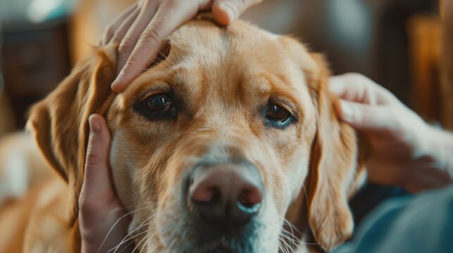 Pet owner checking a dog's ears during a home exam