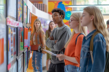 Multiracial students examining academic posters, back to school and educational event concept