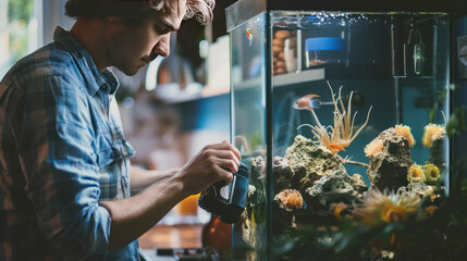 Naklejka na ściany i meble Pet owner cleaning a fish tank at home