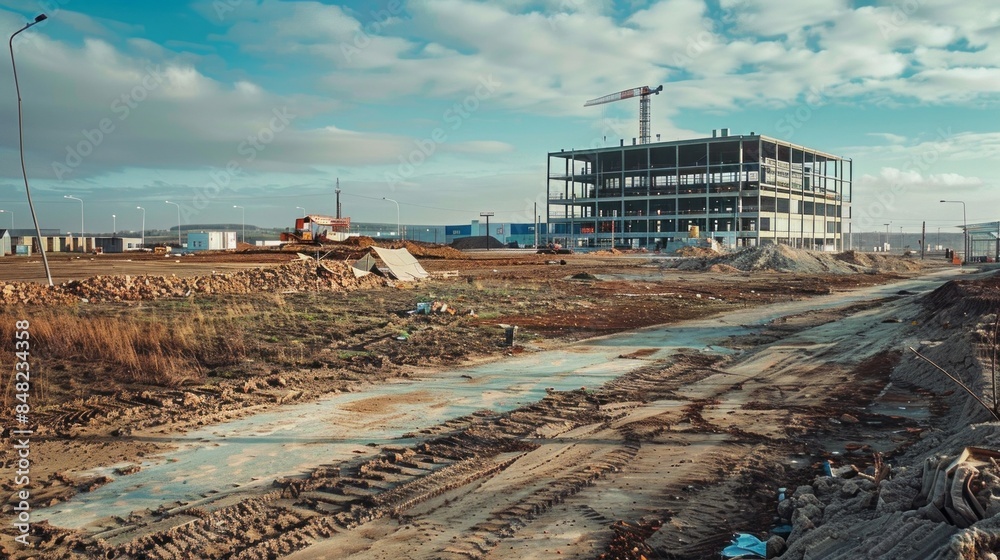 Poster a construction site with a large building in the background