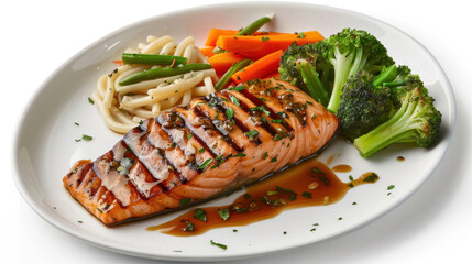 Plate of grilled salmon with a side of steamed vegetables