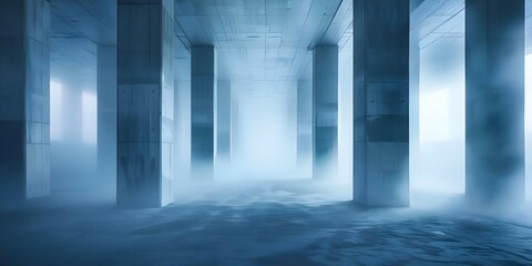 Mysterious Urban Space Foggy Atmosphere, Concrete Floor, and Vanishing Columns. Concept Urban Exploration, Atmospheric Fog, Abandoned Spaces, Vanishing Architecture, Industrial Aesthetics