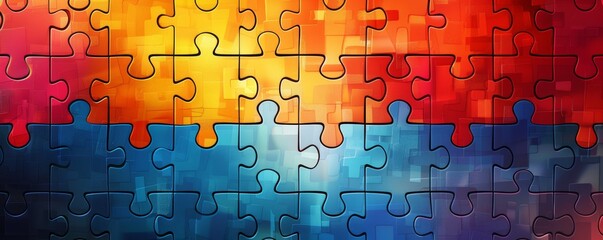 Colorful jigsaw puzzle background with gradient shades of red, orange, yellow, and blue, creating a vibrant and dynamic visual effect.