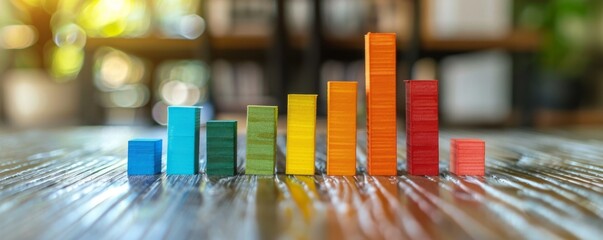 Colorful wooden blocks arranged in a bar graph format on a wooden surface, blurred background. Concept for growth, data analysis, statistics.