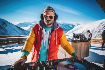 A DJ wearing sunglasses and a colorful jacket mixes music on a mixer with a mountain vista in the...