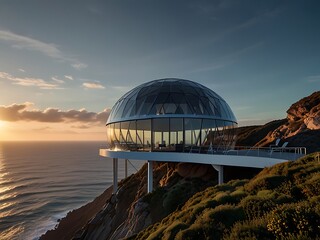 Obraz premium A futuristic dome-shaped house made entirely of glass against a vibrant, futuristic cityscape backdrop.