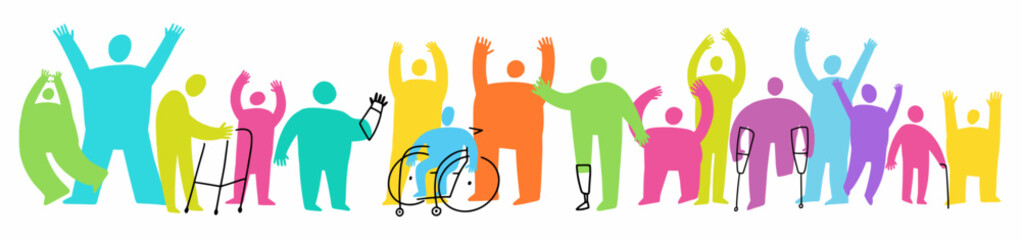 A multiracial group of people with disabilities. A group of people hand-drawn in the form of doodles.