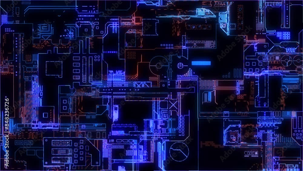Poster printed circuit board. visualization of advanced technology concept: pcb processor microchip, digiti