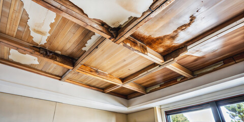 Water-damaged ceiling and stained roof caused by a roof leak