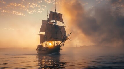Fototapeta premium Sailing ship in sea water at sunset.