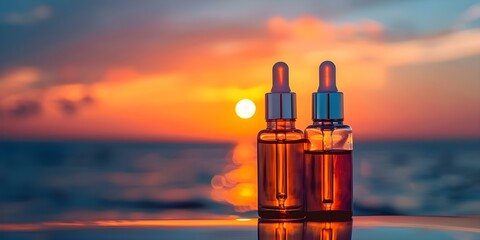 Collagen Serum in Glass Bottles Beauty Product with Sunset Ocean Backdrop. Concept Beauty Product Photoshoot, Collagen Serum, Glass Bottles, Sunset Ocean Backdrop