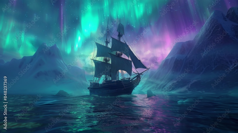 Wall mural Sailing ship in sea water with night sky and northern light.