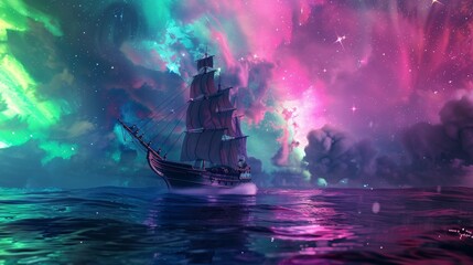 Sailing ship in sea water with night sky and northern light.