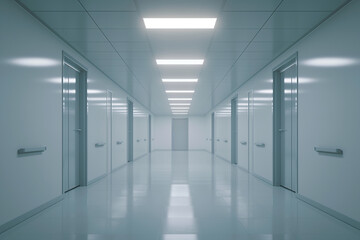 Futuristic SciFi Hospital or Spaceship Interior with White Doors and Bright Lights