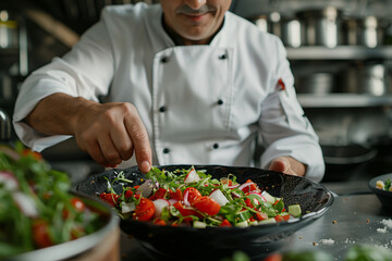 Caucasian man in chef uniform cooking vegetarian food in restaurant kitchen.
