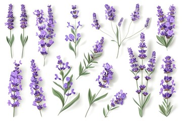 Set of lavender flowers elements. Collection of lavender flowers on a white background. Top view