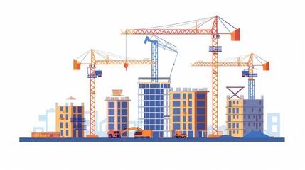 A construction site with tower cranes is portrayed against a white isolated background indicating the construction of multistorey buildings