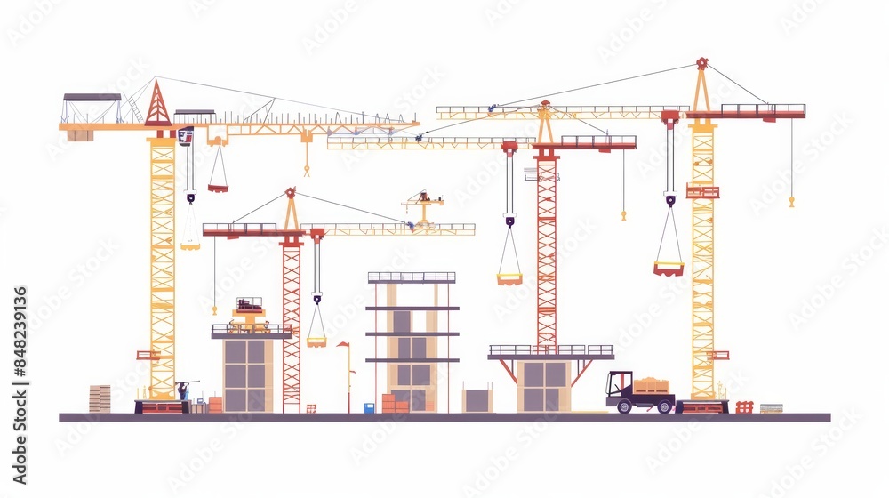 Poster a construction site with tower cranes is portrayed against a white isolated background indicating th