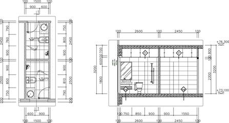 Vector silhouette illustration sketch, detailed drawing of architectural engineering design, floor plan and bathroom interior with a size scale 