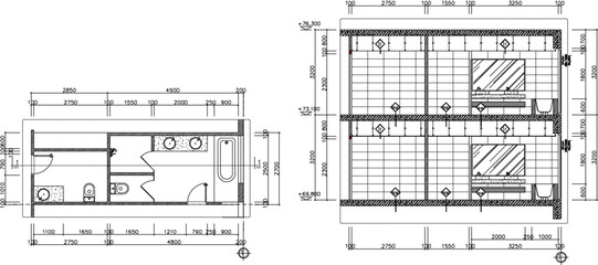 Vector silhouette illustration sketch, detailed drawing of architectural engineering design, floor plan and bathroom interior with a size scale 