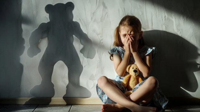 Stop violence and abused children. A sad little girl sits on the floor in a dark room, covering her head with her hands and a stuffed toy next to her. The concept of human trafficking.
