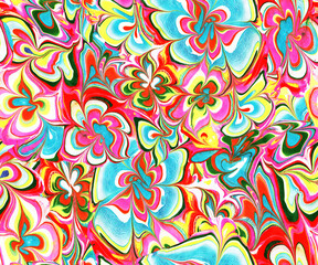Abstract flowers in ebru style multi color seamless pattern with wavy stripes.Perfect for textile, package, packaging, posters, wall decor, wallpaper, fabric. Contemporary Liquid Art. 