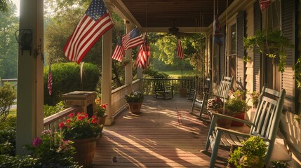 Obraz premium A porch with a railing and a few chairs