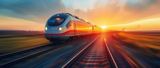 Modern train journeying through fields during sunset, with a picturesque and vibrant background 8K , high-resolution, ultra HD,up32K HD